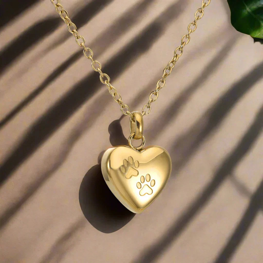 Pet Memorial Urn Necklace ��� Heart-Shaped Pendant With Paw Engraving