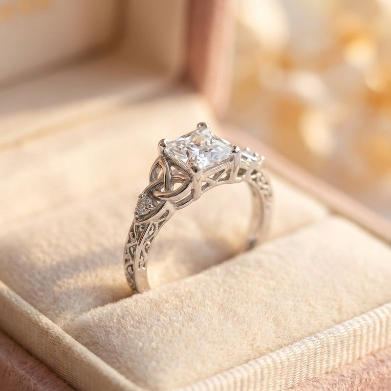 Silver Center Square Gem Knot Design Ring