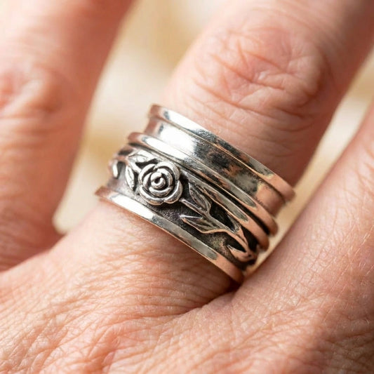 Silver Floral Engraved Statement Ring