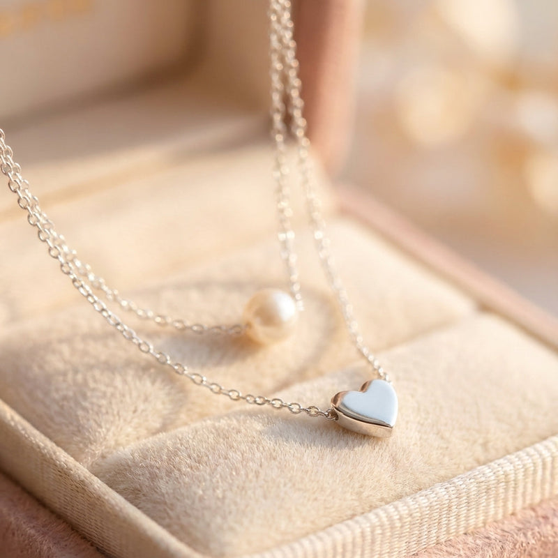 Silver Heart And Pearl Necklace