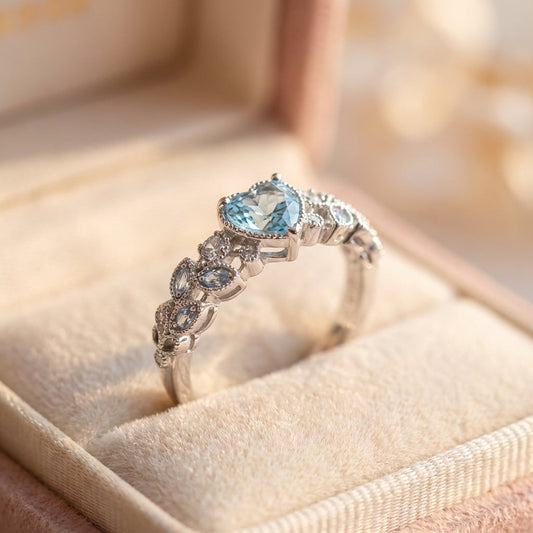 Silver Leaf Heart Blue Stone Ring