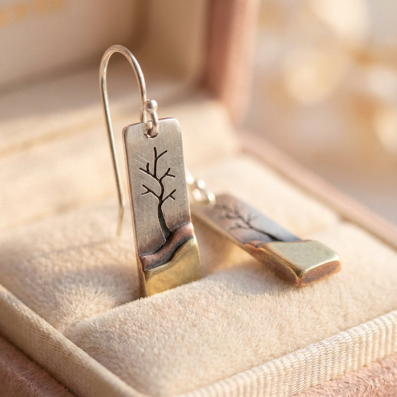 Square Leaf Dangle Silver Earrings