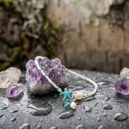 Star And Shell Anklet Bracelet With Natural Stones