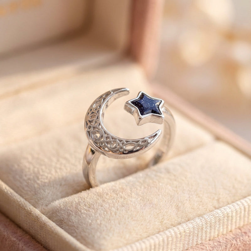 Vintage Adjustable Silver Moon And Star Ring