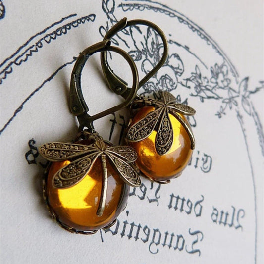Vintage Amber Dragonfly Earrings
