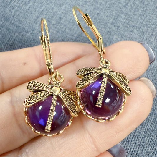Vintage Amethyst Dragonfly Earrings