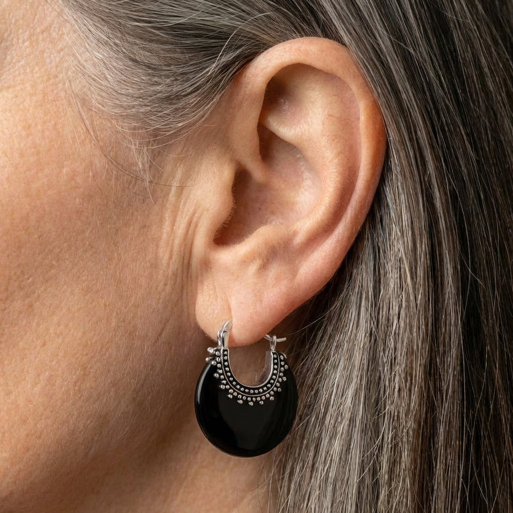 Black Onyx Hoop Earrings