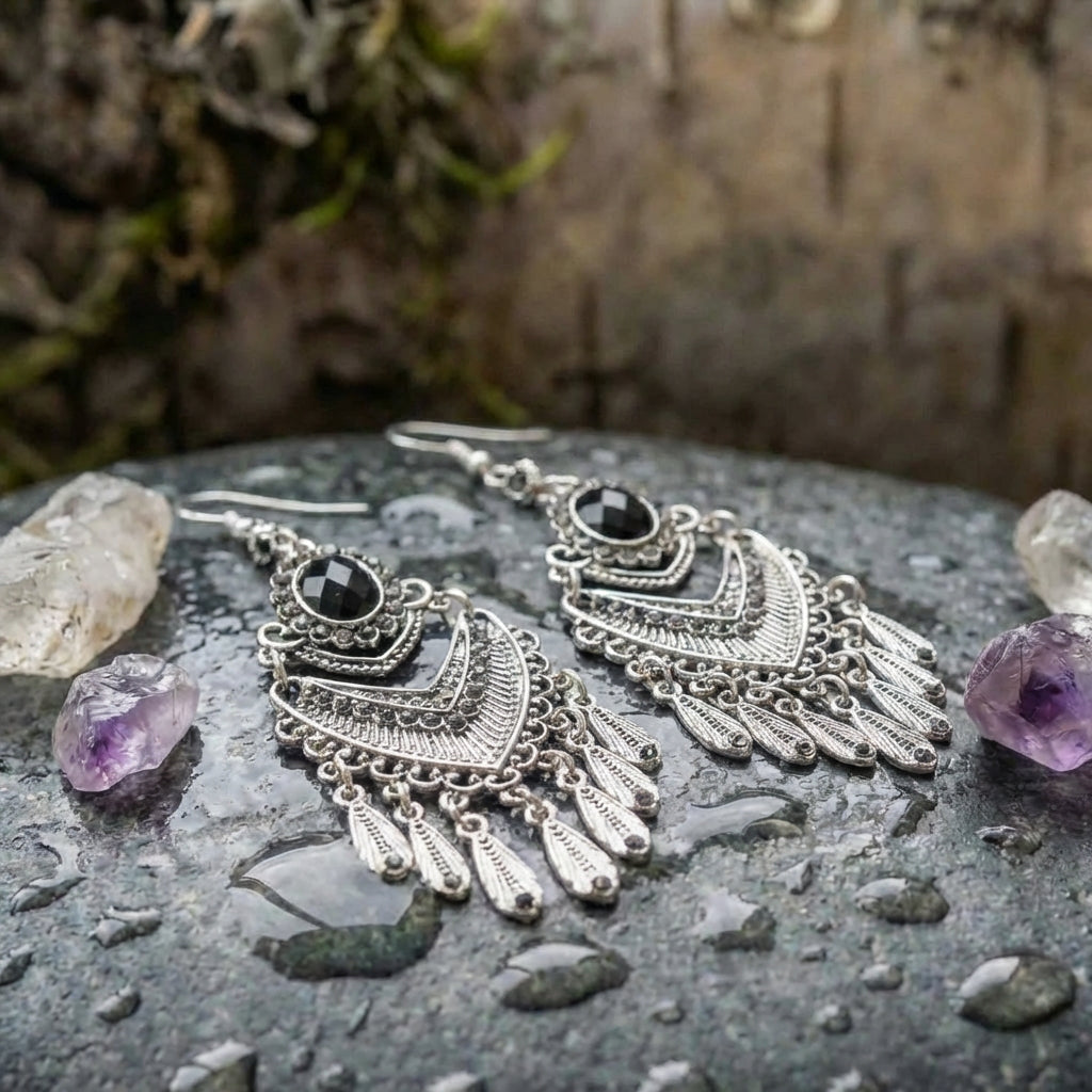 Vintage Black Rhinestone Bohemian Earrings