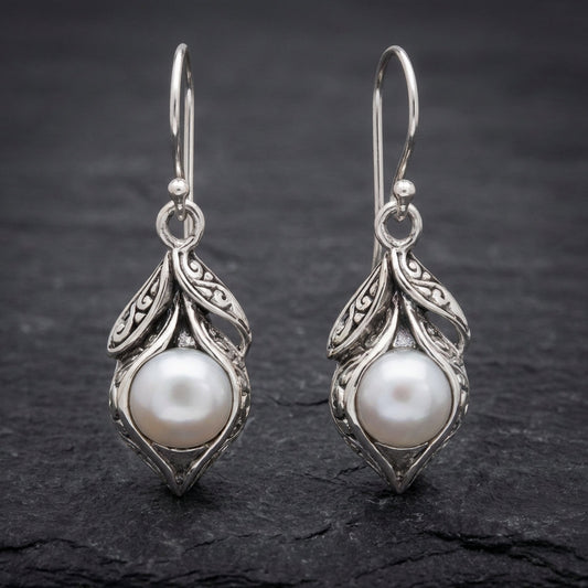 Vintage Dangling Pearl Silver Earrings