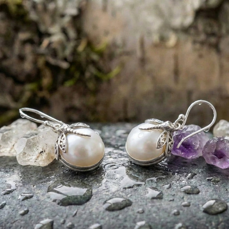 Vintage Dragonfly Pearl Earrings