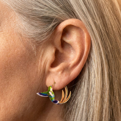 A Vintage Enamel Hummingbird Hoop Earring Set