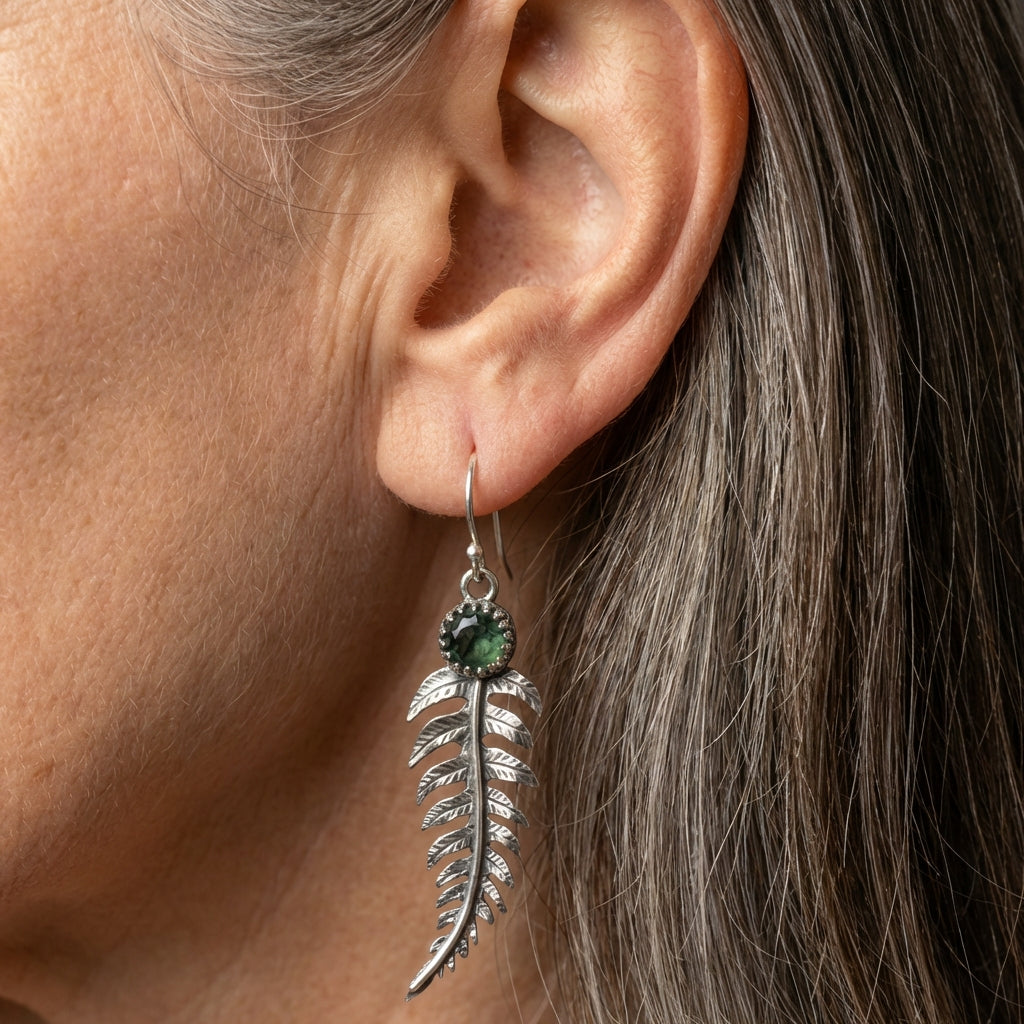 Feather Green Stone Earrings