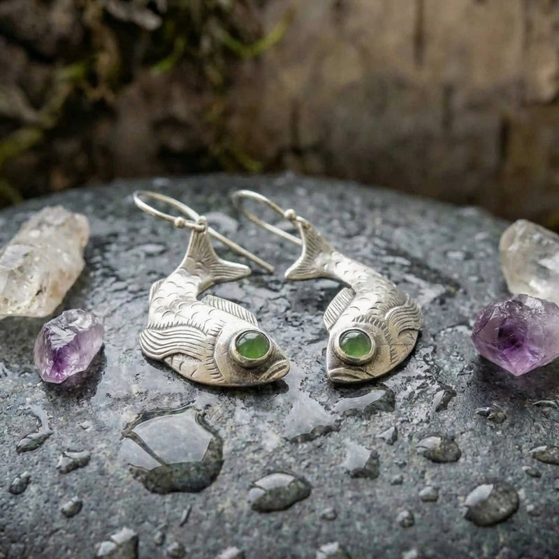 Vintage Fish Green Stone Earrings