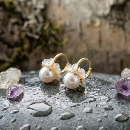 Vintage Flower Pearl Ball Pendant Earrings