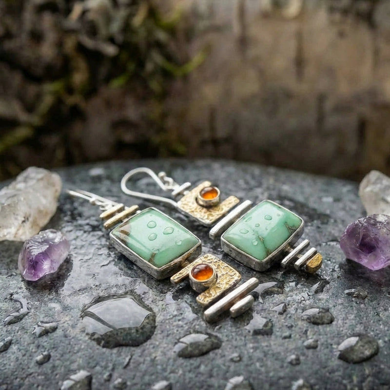 Vintage Geometric Green Stone Earrings