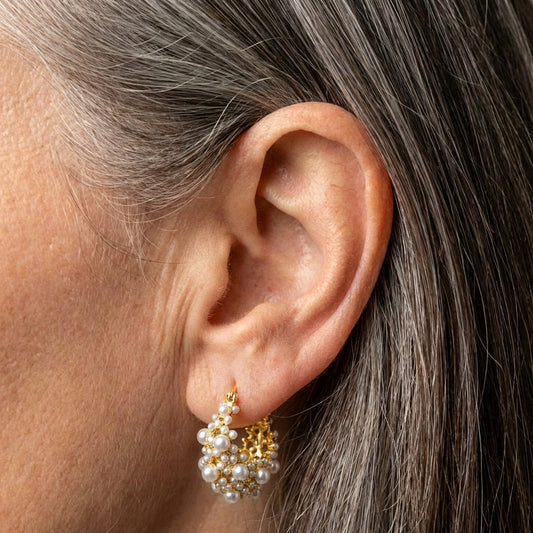 Gold Pearl Cluster Design Hoop Earrings