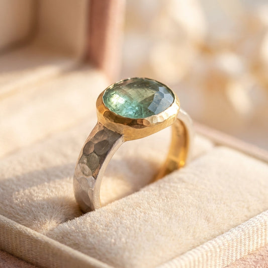 Vintage Green Glass Gold & Silver Forged Ring