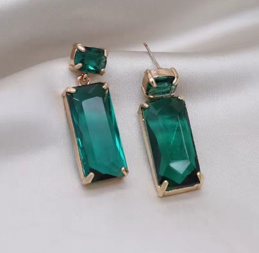 Vintage Green Rectangle Crystal Earrings