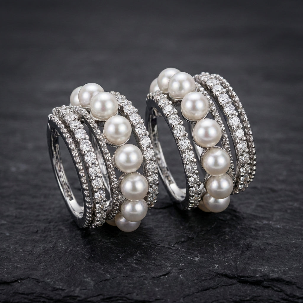 Vintage Pearl Inlaid Rhinestone Hoop Earrings