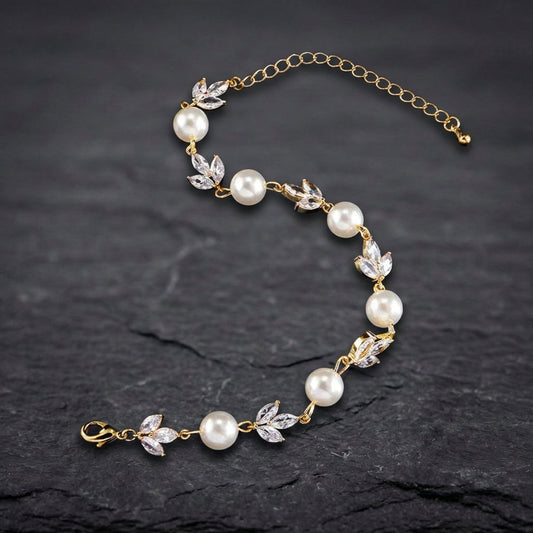Vintage Pearl & Leaf Gold Bracelet