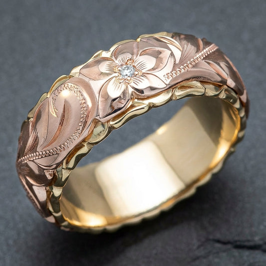Vintage Rose Gold Flower Engraved Ring