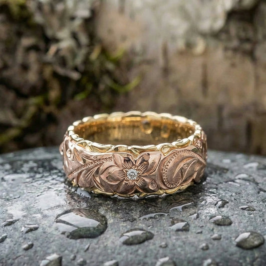 A Vintage Rose Gold Flower Engraved Ring