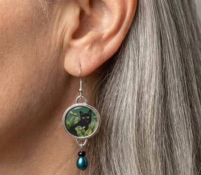 Vintage Round Black Cat Earrings