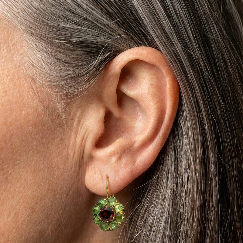A Vintage Rounded Green & Red Crystal Earring Set