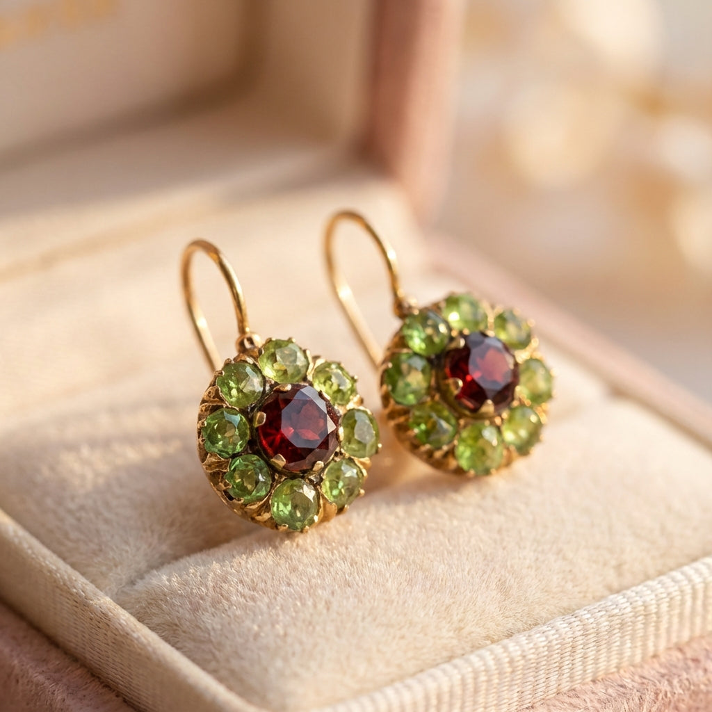 Vintage Rounded Green & Red Crystal Earrings