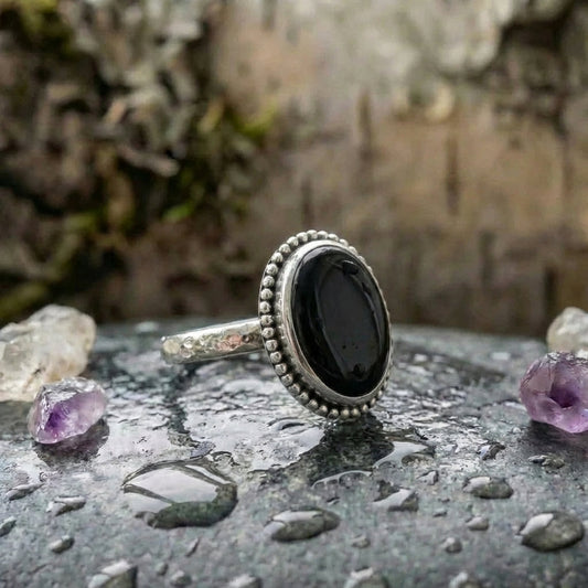 Vintage Silver Color Oval Black Stone Ring