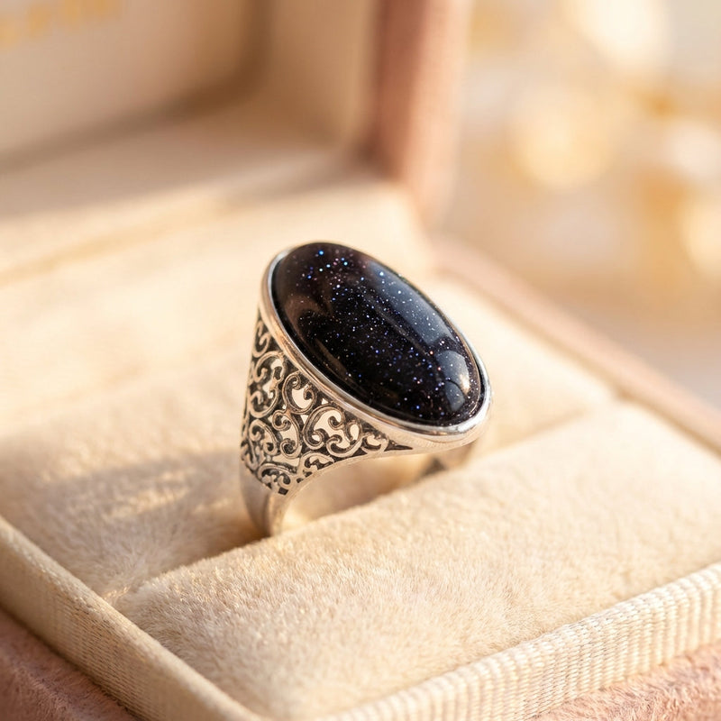 Vintage Silver Midnight Oval Stone Ring