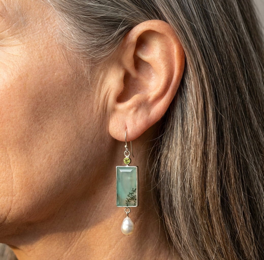 Vintage Square Green Opal Stone Dangle Earrings