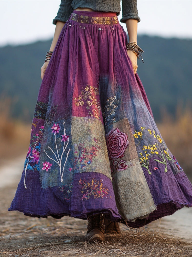 Boho Floral Embroidery Patchwork Vintage Art Women's Linen Flowy Maxi Dress artswardrobe