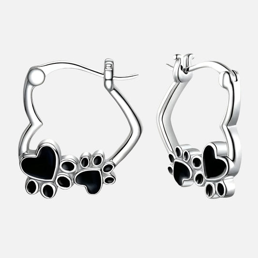 Heart Paw Huggie Earrings With Black Enamel