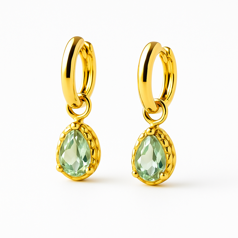 Green Amethyst Drop Hoop 14K Gold Earrings