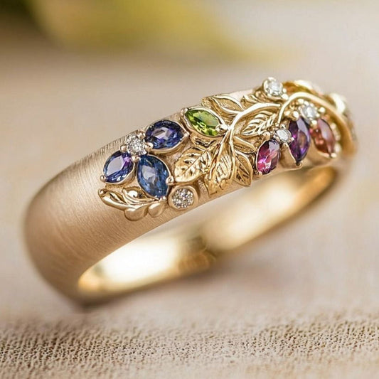 Colorful Stones Gold Leaf Ring