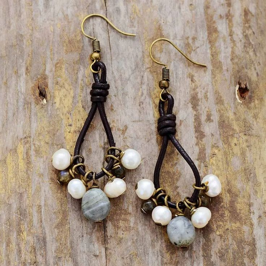 Dangling Leather & Stones Earrings