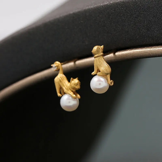 Golden Kitty Pearl Earrings