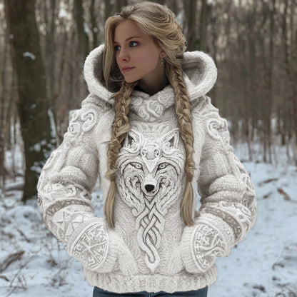 Women's Vintage Viking Wolf Art Knit Hooded Sweater artswardrobe
