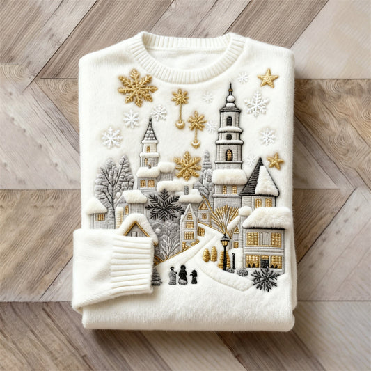 Christmas Snow Scene Embroidered Women's Cozy Plush Sweater
