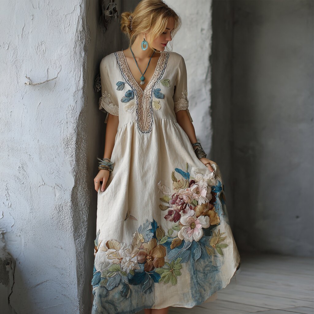 Women's Retro Floral Embroidery Cotton And Linen V-neck Dress artswardrobe