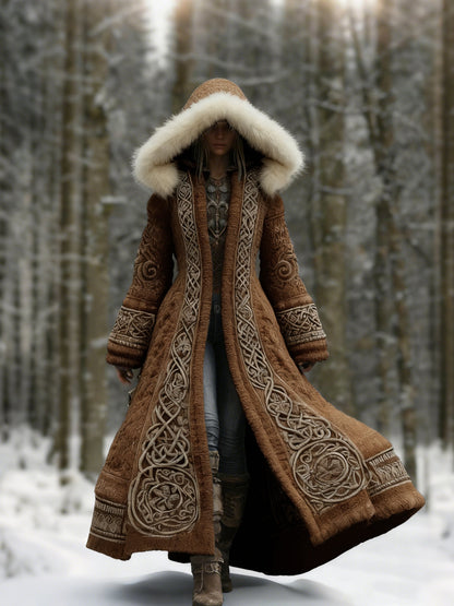 Comstylish Women's Viking Celtic Knot Knitted Jacquard Cozy Fur Trim Hooded Cardigan