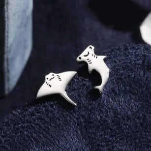 Mismatched Kawaii Hammerhead Shark And Manta Ray Stud Earrings