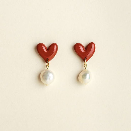 Red Heart Pearl Drop Earrings