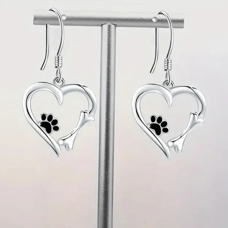 Silver Drop Earrings With Heart & Paw Design