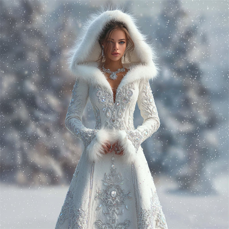 Comstylish Vintage Snowflakes Jewel Art Fur Trim Hooded Maxi Sweater Dress