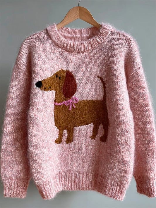 Vintage Lovely Dachshund With Pink Tie Cozy Knit Sweater elevenforest