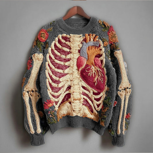 Vintage Halloween Human Anatomy Art And Floral Round Neck Sweater artswardrobe