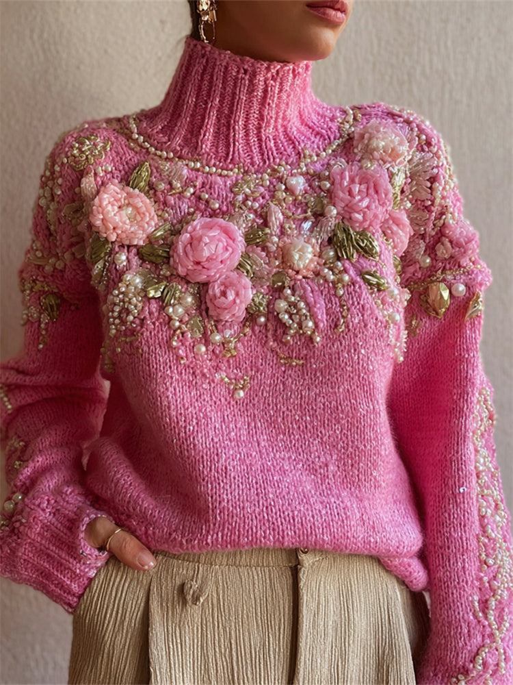 Classy Pink Roses Beaded Glitter Cozy Knit Turtleneck Sweater elevenforest