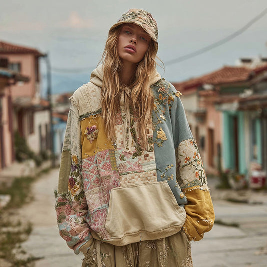 Women's Vintage Floral Panel Contrast Cozy Hoodie elevenforest